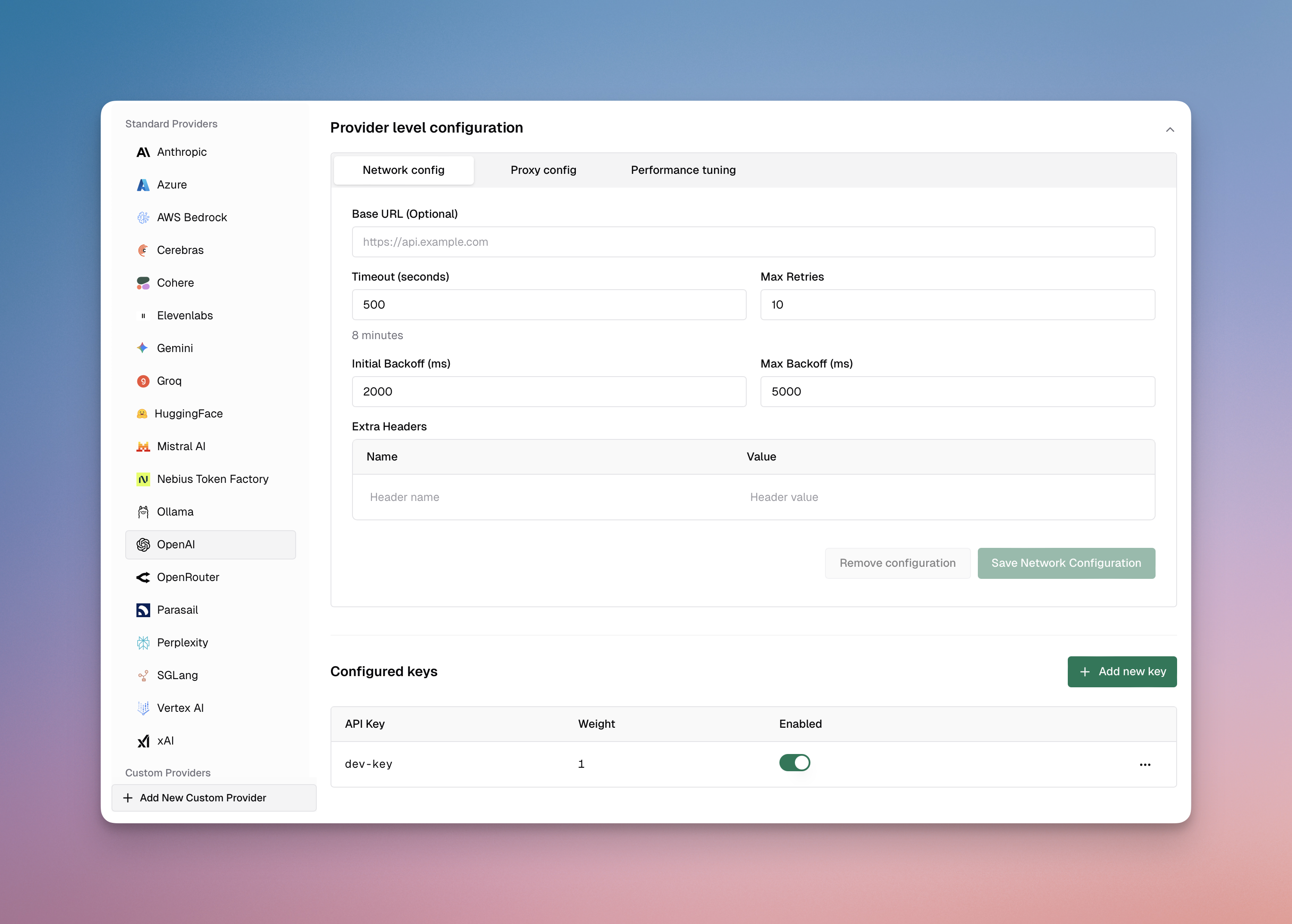 Provider Configuration Interface