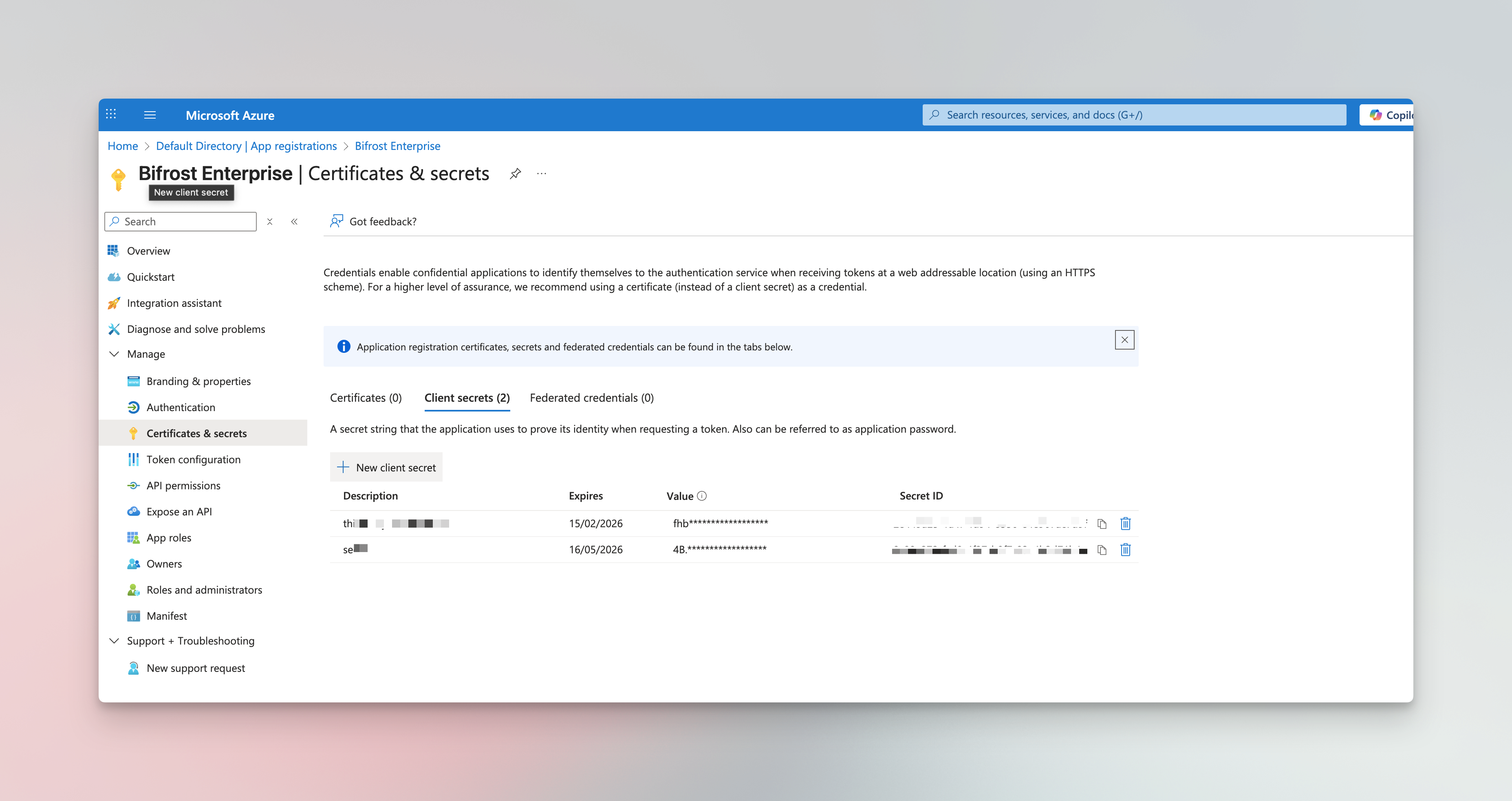 Entra Enterprise Client Secrets