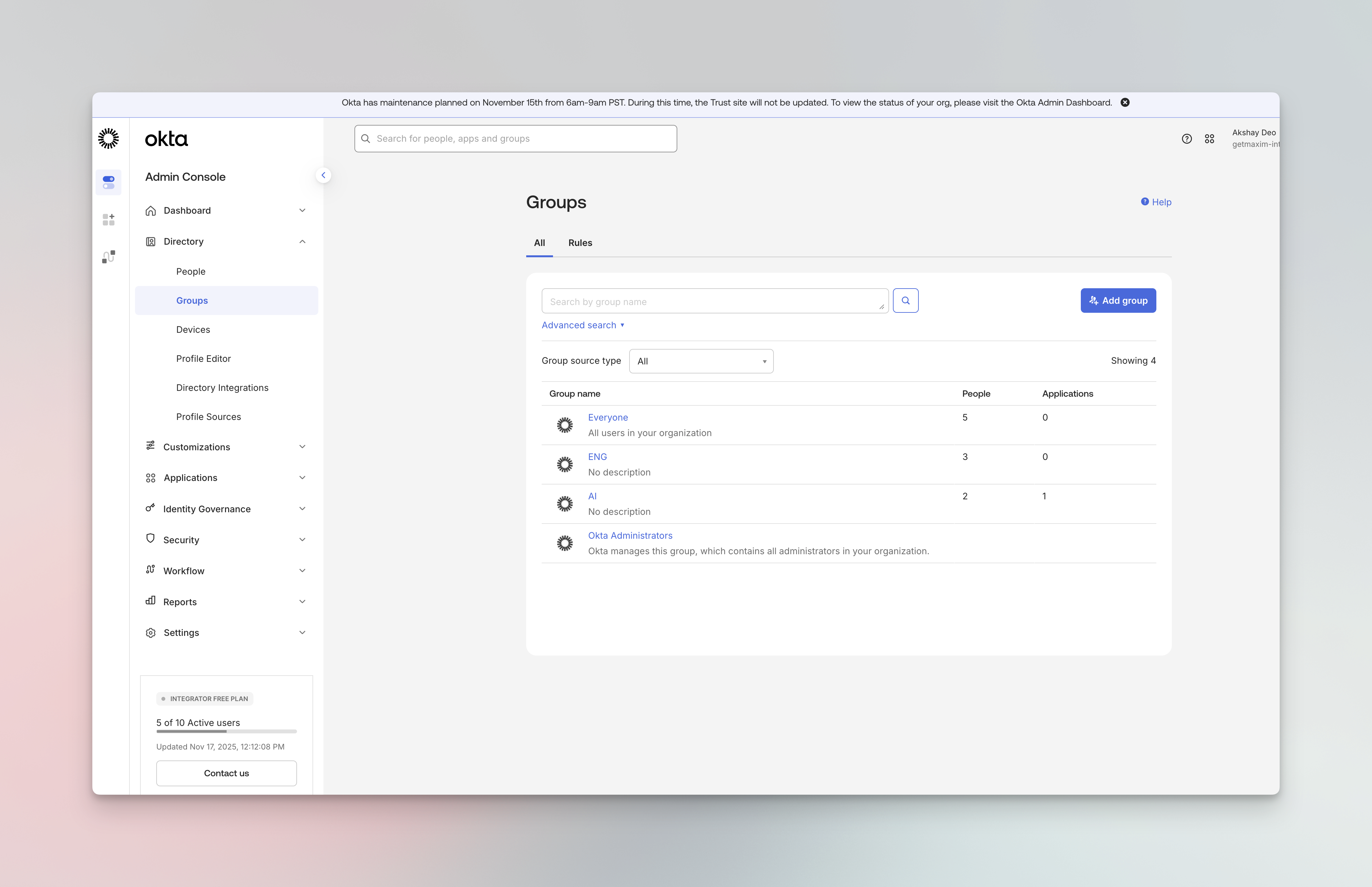 Okta Groups page